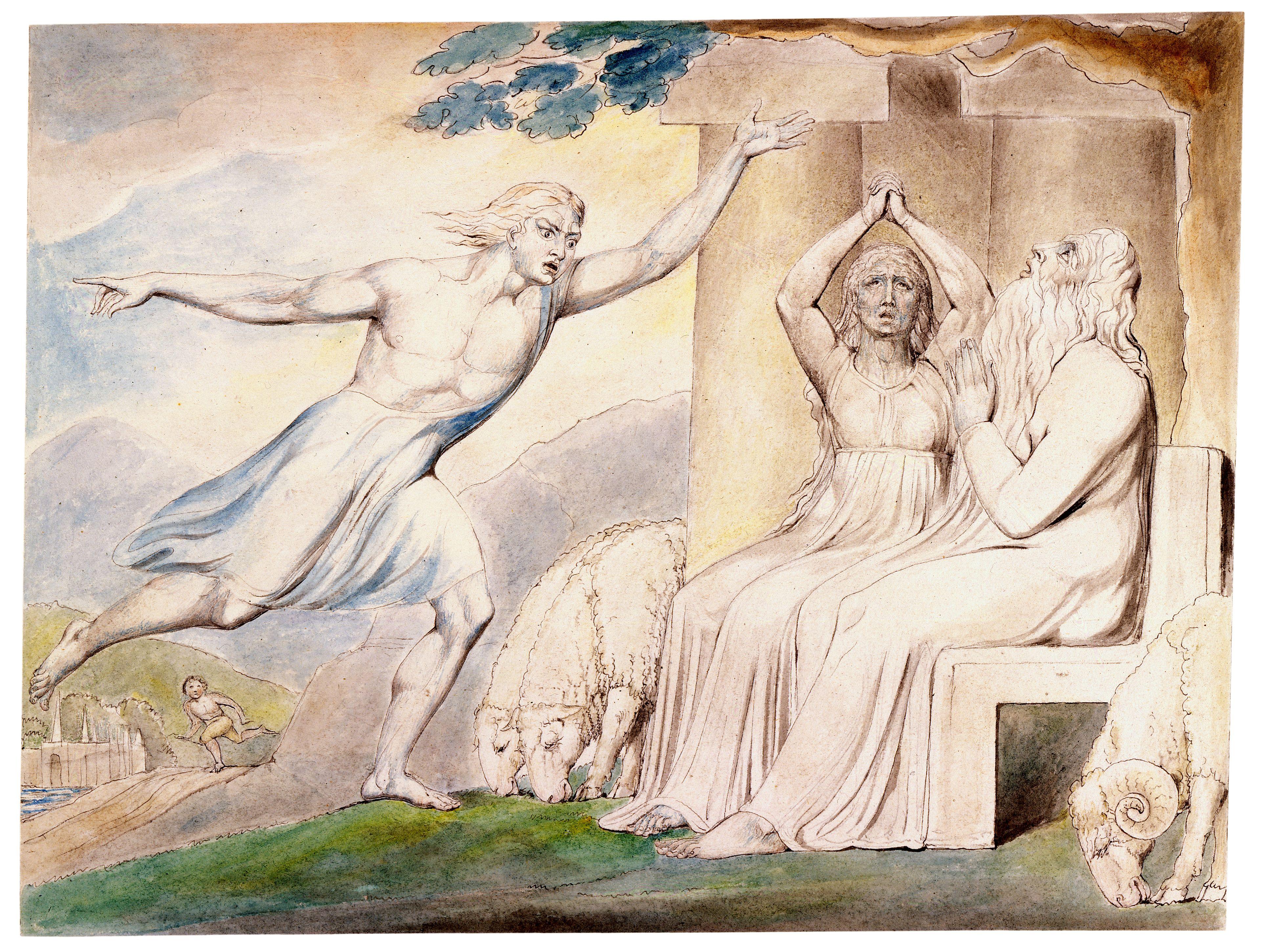 上图:英国诗人、画家威廉·布莱克(William Blake,1757-1827年)的版画《信使向约伯报告他的不幸 The Messengers Tell Job of His Misfortunes》,描绘「惟有我一人逃脱,来报信给你」(伯一15)。