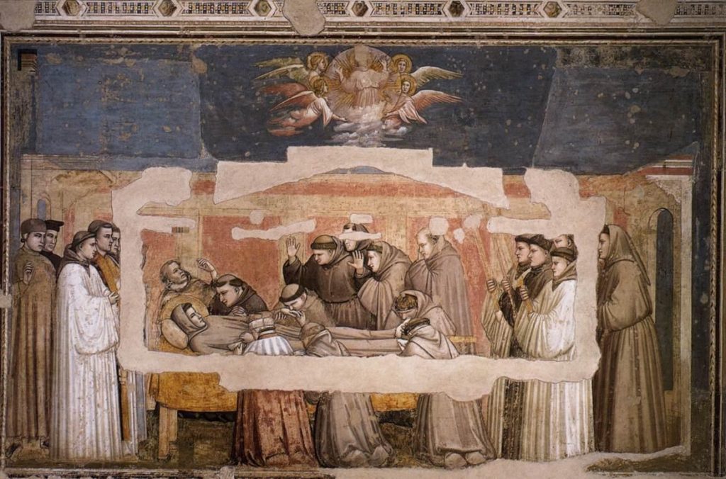 上图:《圣方济之死》,西方绘画之父乔托(Giotto di Bondone)1325年的作品。方济各会(Francesco)的创始人亚西西的方济各(Francis of Assisi)在临终前背诵了诗篇一百四十二篇。